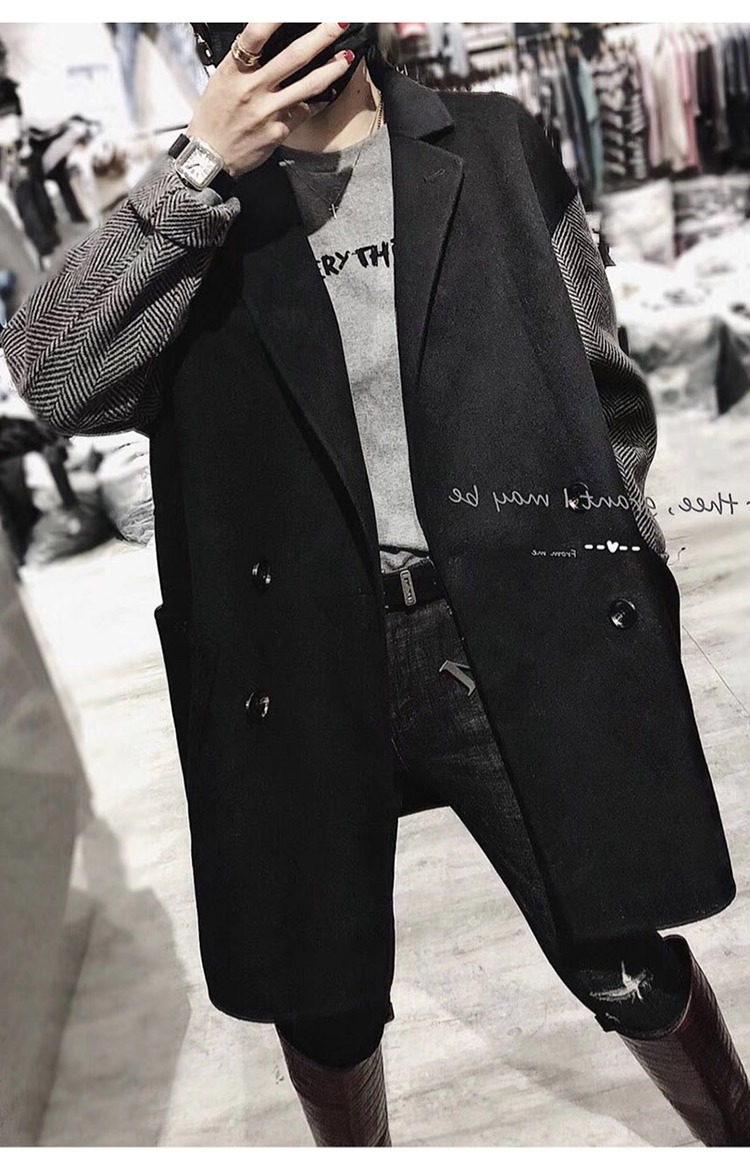 Suit cổ áo khoác cashmere hai mặt trong đoạn dài 2018 thu đông mới của Hàn Quốc thời trang màu sắc kết hợp tay áo len nữ ao khoac nu