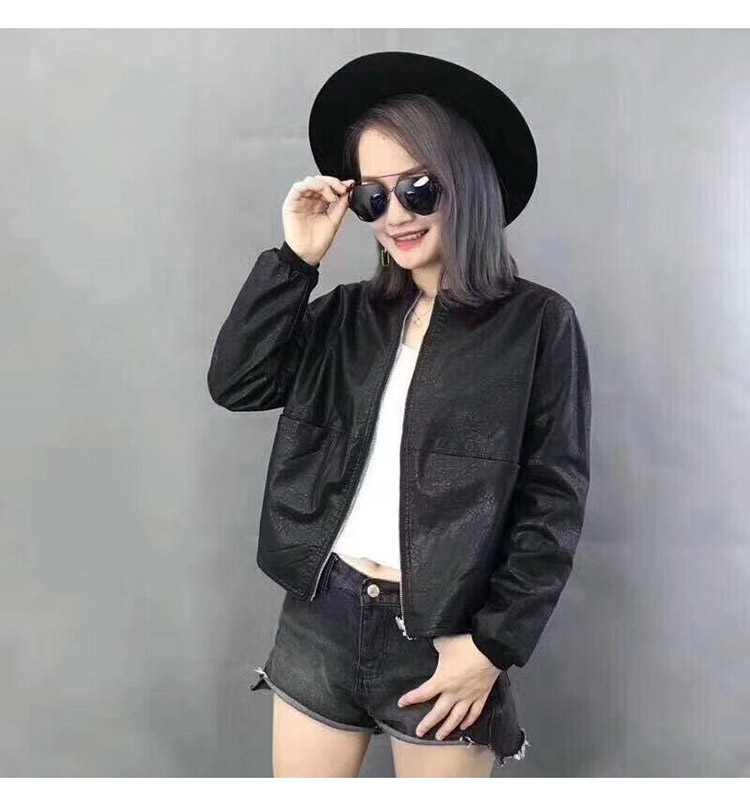 Mùa thu 2018 mới của Hàn Quốc thời trang hai mặt mặc ngắn da nữ kẻ sọc lỏng áo khoác kẻ sọc pu áo khoác da nữ zara