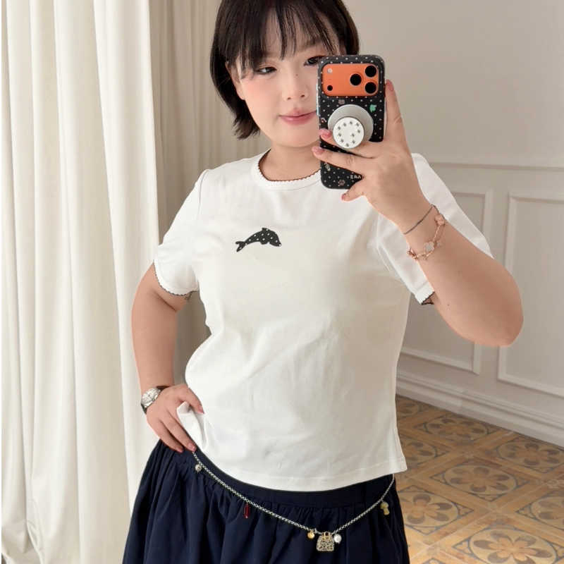 Polka Dot Dolphin ｜ D S m D ｜ Plus Size Women's Waist-Cinching Straight Shoulder Polka Dot Dolphin Print T-Shirt