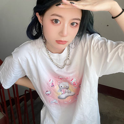 Self-made kt cat digital print cartoon Japanese-style cute, sweet and slimming loose short-sleeved T-shirt, a perfect T-shirt for young women