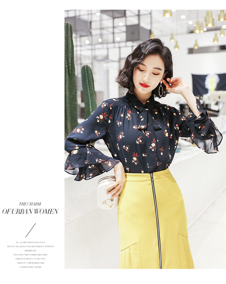 Vero Moda2018 mùa xuân mới in xù tay áo voan bảy điểm nữ | 318131523 áo sơ mi sọc