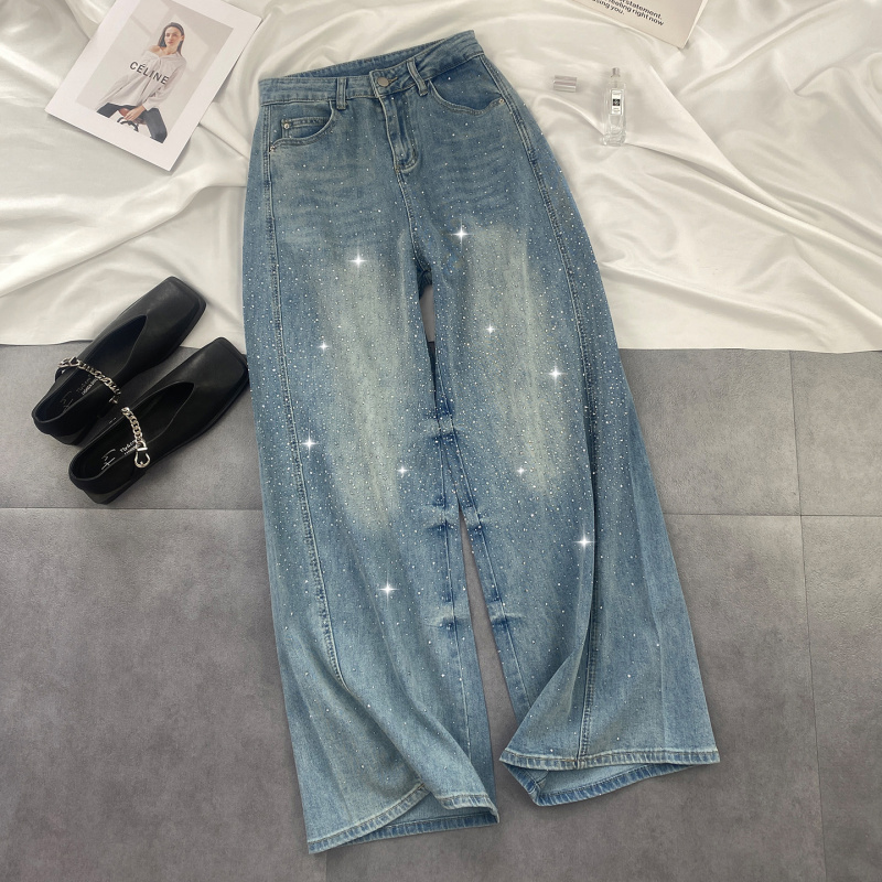 145 Petite Shiny Rhinestone Curved Hem Jeans for Women, Early Autumn 2026 New High-Waisted Loose Wide-Leg Pants