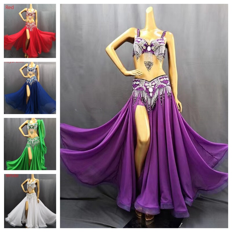 Long Gauze Skirt Indian Dancer Three-Piece Set Beaded Bra Waist Skirt Belly Dance Performance Costume Sewn Sequin Clothing