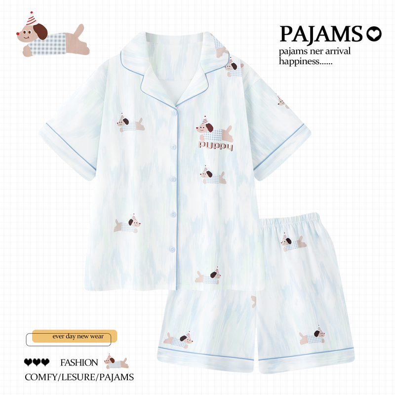 Light Blue Puppy Pajamas for Girls, Summer Pure Cotton Fabric, 100% Cotton, Short-Sleeved, Thin and Cute Home Wear for Summer Light Blue Puppy Pajamas for Girls, Summer Pure Cotton Fabric, 100% Cotton, Short-Sleeved, Thin and Cute Home Wear for Summer