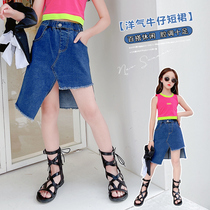 Korean Version 2021 Summer Girl Denim Dress All-cotton Irregular Princess Half Body Dress CUHK Child Pure Cotton Denim