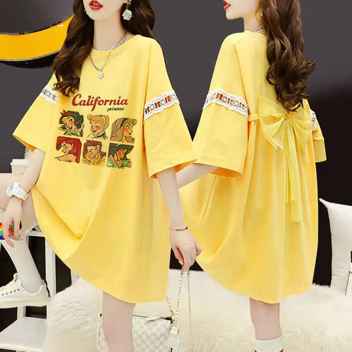 Maternity Wear Lace Splicing Bow Short-Sleeved T-Shirt Women's Summer New Suit Loose Mid-Length Stylish Top