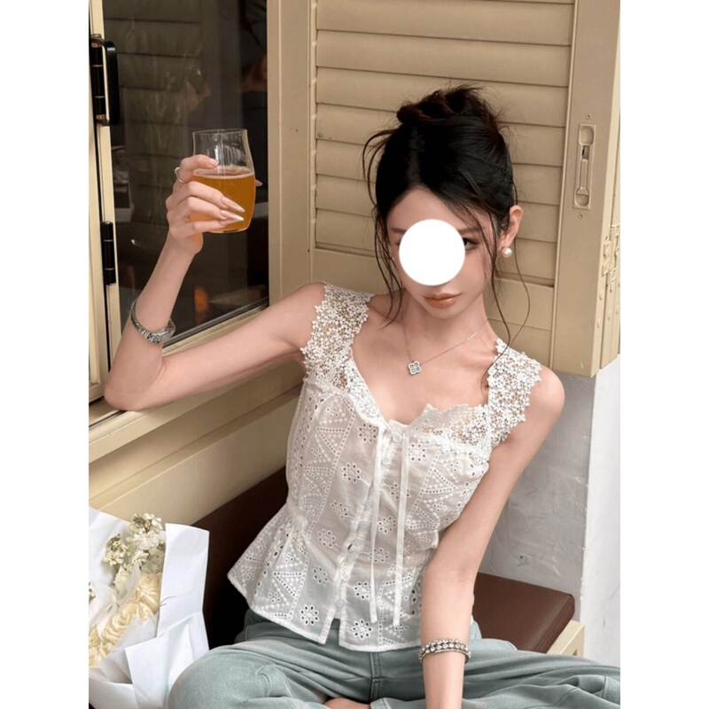 French-Style White Lace Hollow-Out Camisole for Women, Summer Design, Waist-Cinching, Slimming, Pure and Beautiful Sleeveless Top
