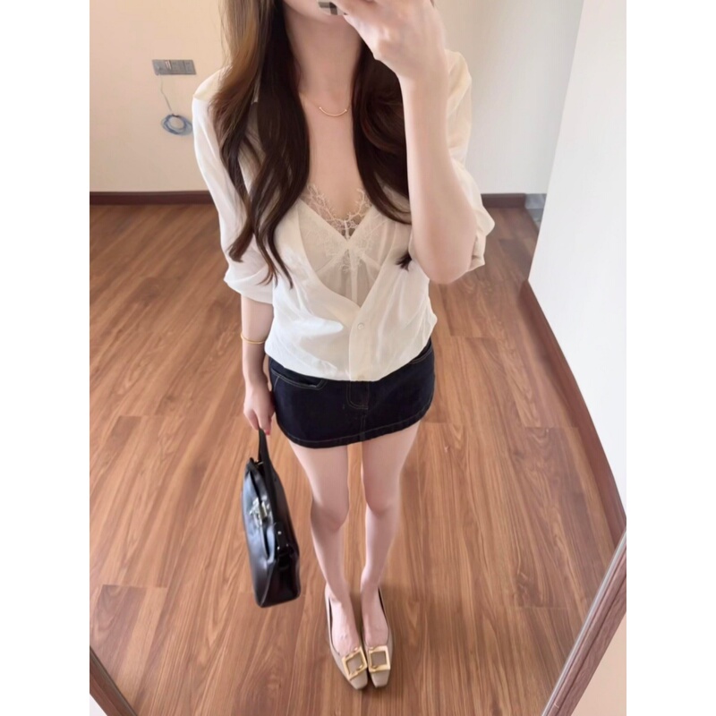 Fake Two-Piece White Lace Ramie Mid-Sleeve Shirt for Women, Summer Sexy Pure Desire Casual Loose-Fitting Elegant Top Fake Two-Piece White Lace Ramie Mid-Sleeve Shirt for Women, Summer Sexy Pure Desire Casual Loose-Fitting Elegant Top