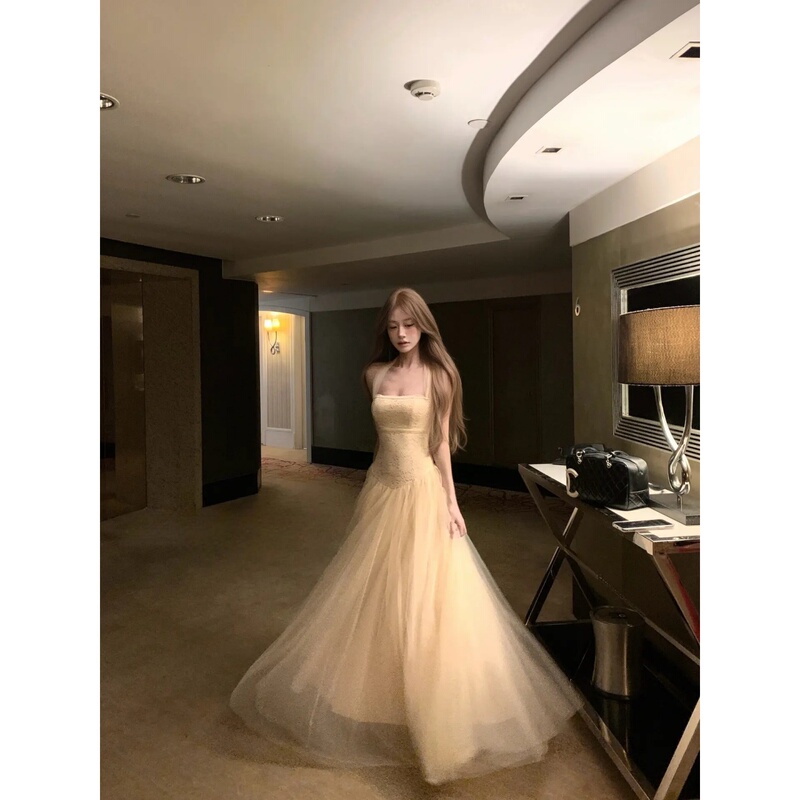White Lace Mesh Halter Neck Slip Dress for Women, Summer Beach Vacation Waist-Cinching Long Dress, Birthday Dress