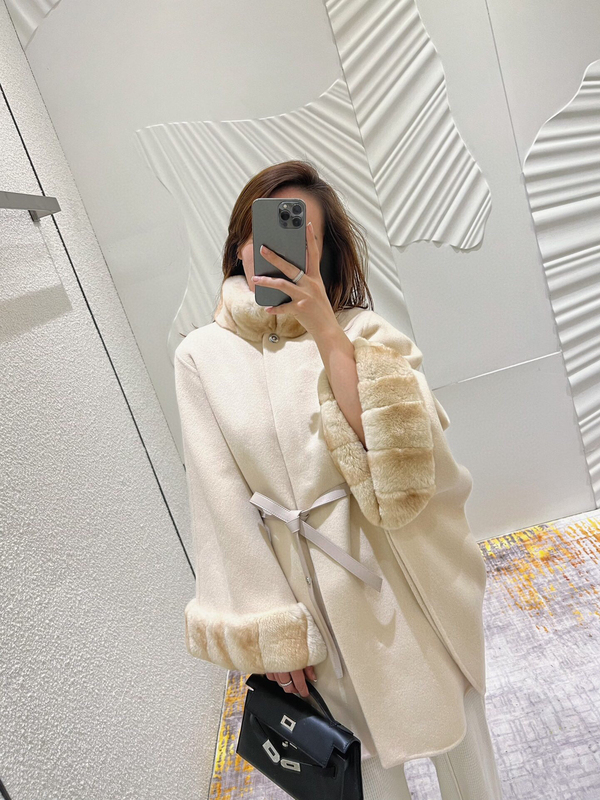 Lp Same Style Original Color Cashmere Cape Chinchilla Color Rex Rabbit Fur Lace-Up Short Wool Coat for Women