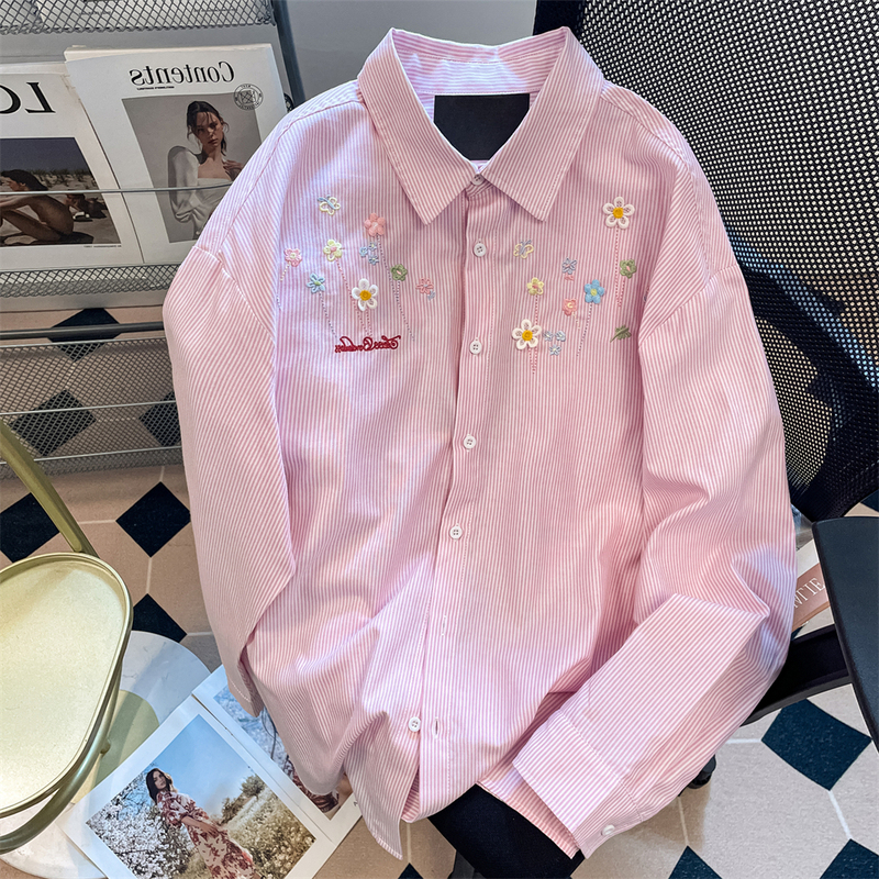 High-End Niche Non-Repetitive Pink Striped Sun-Protective Shirt Jacket for Men and Women, Summer Casual Floral Embroidered Long-Sleeve Top