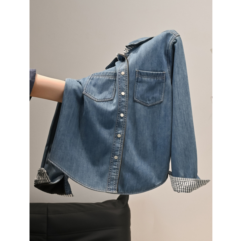 High-End Contrasting Color Splicing Long-Sleeved Denim Shirt for Men and Women in Early Spring, Japanese Retro Casual Couple Tops and Jackets