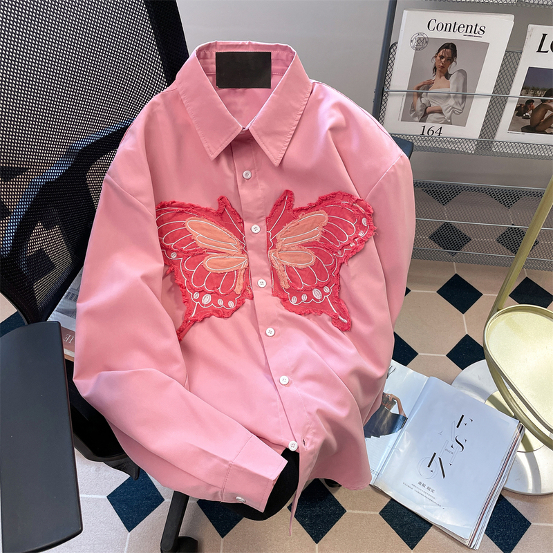 Pink Sweet Cool Patchwork Butterfly Embroidered Long-Sleeved Shirt for Men and Women, Spring and Autumn Loose Retro American Casual Top Jacket Pink Sweet Cool Patchwork Butterfly Embroidered Long-Sleeved Shirt for Men and Women, Spring and Autumn Loose Retro American Casual Top Jacket