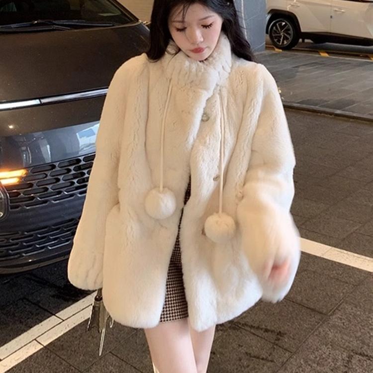 Winter Cute Rabbit Ultra-Soft Faux Rabbit Fur Plush Coat for Women, Young, Mid-Length, Loose, Thickened, Warm Fur Top