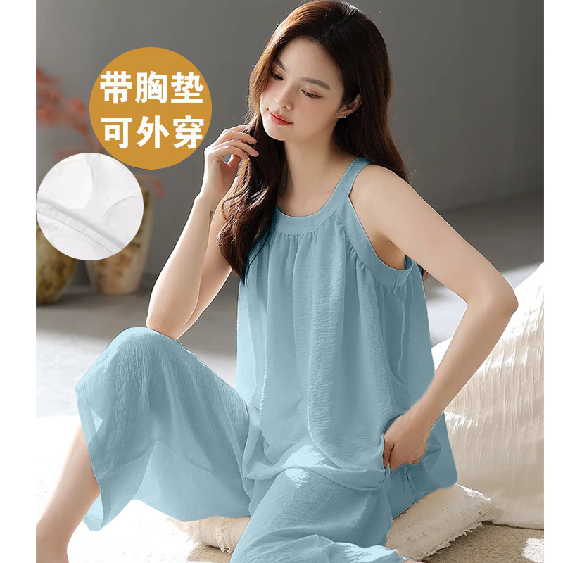Summer Sleeveless Camisole Set with Built-In Chest Pads, Cloud Cotton Pajamas for Women, Thin Summer Style, Girls' Tank Top Loungewear Summer Sleeveless Camisole Set with Built-In Chest Pads, Cloud Cotton Pajamas for Women, Thin Summer Style, Girls' Tank Top Loungewear