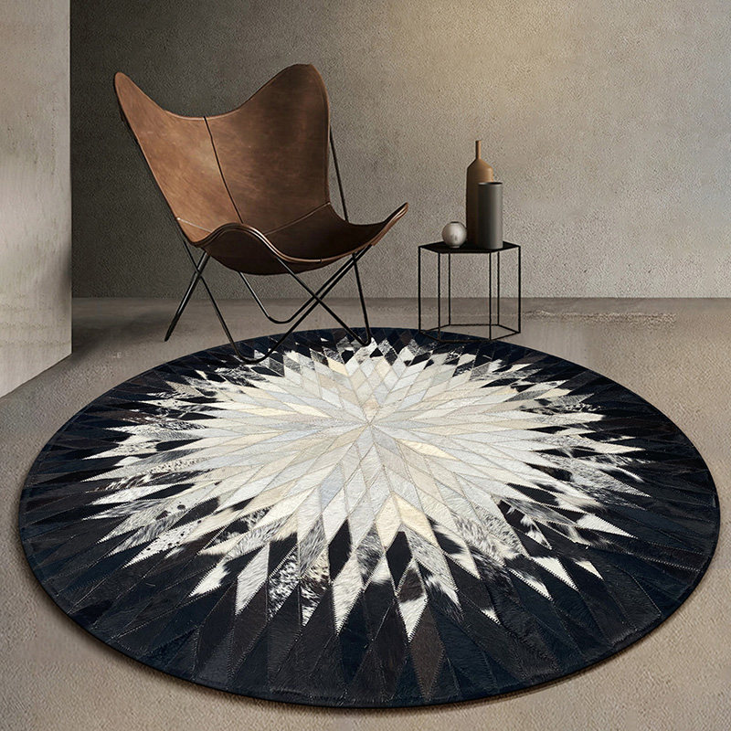 Round carpet small stitching cowhide living room Nordic modern light luxury black and white coffee table mat study bedroom bedside blanket