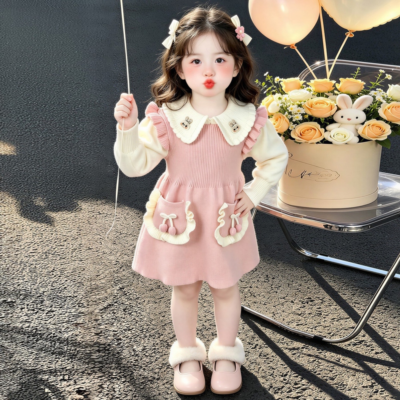 Girls' Sweet Two-Piece Bunny Sweater Dress, Autumn and Winter Style, Very Pretty Flutter-Sleeve Knitted Princess Dress for Little Girls