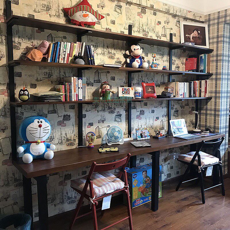 loft Nordic solid wood wrought iron long double desk bookshelf combination bookcase integrated custom home Taiwanese computer desk
