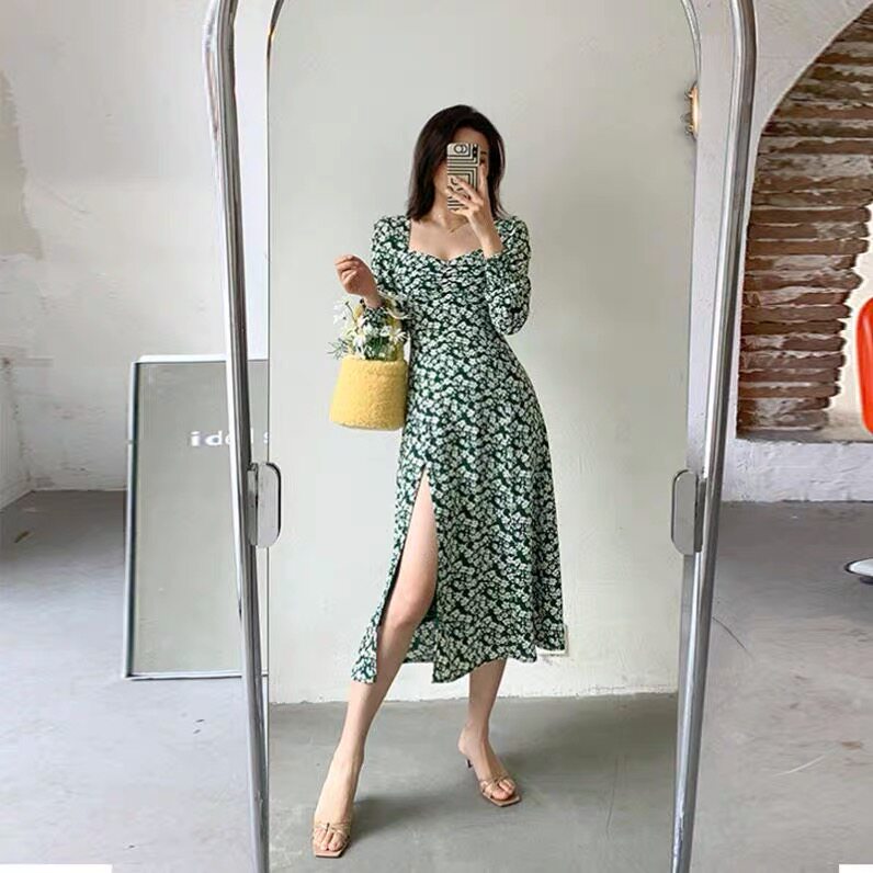  Reformation22 new new French style broken flower open fork long sleeve printed in long skirt with dress woman-Taobao
