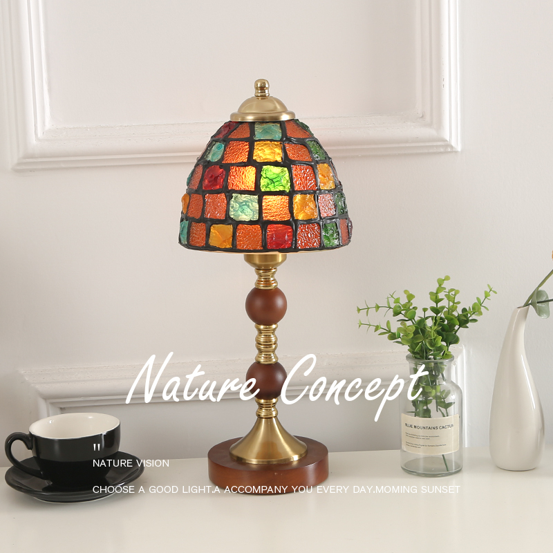 Mosaic Glass Antique Style Solid Wood Table Lamp Bedroom Study Retro Bohemian Art Walnut Color Bedside Lamp