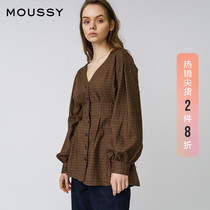 MOUSSY SUMMER TEMPERAMENT CHECK V-neck BUTTON LANTERN sleeve waist SHIRT 010DA730-7770