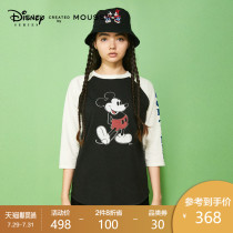 MOUSSY 2021 spring and summer new round neck Mickey printing shoulder three-point sleeve T-shirt women 010ESQ90-0660
