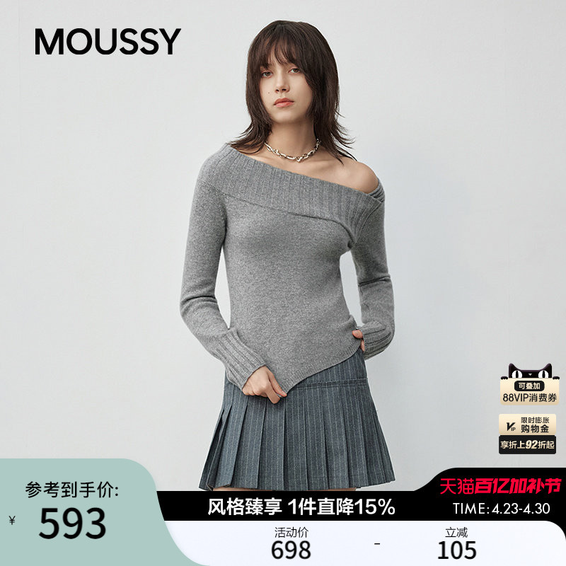 Wang Yuwen's Same Style Moussy Spring Product, Gentle and Lazy Asymmetrical Collar Off-Shoulder Sweater 010Ia370-3891