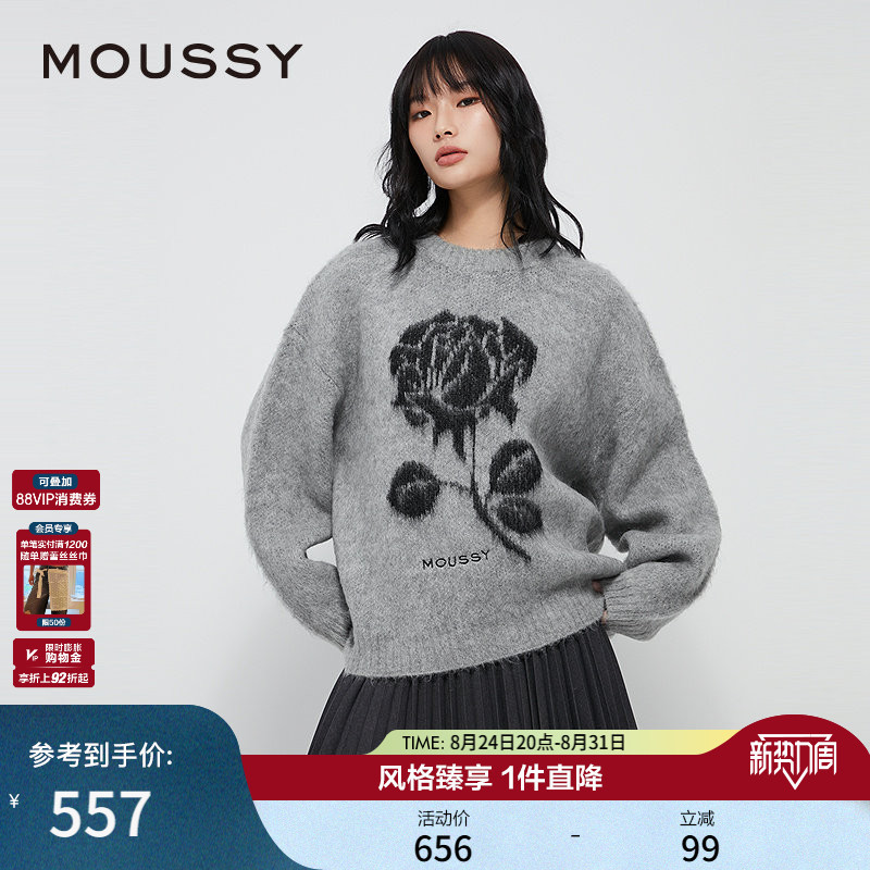 Moussy New Autumn Product Retro Jacquard Rose Pattern Round Neck Knitwear Sweater 028Iaz70-1022 Moussy New Autumn Product Retro Jacquard Rose Pattern Round Neck Knitwear Sweater 028Iaz70-1022