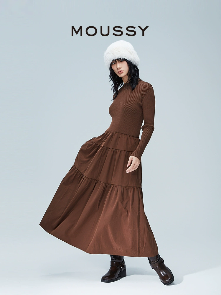 MOUSSY 春季新品芭蕾风半高领拼接针织连衣裙女028HAA33-3111