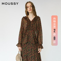 MOUSSY spring and autumn new vintage floral V-neck balloon sleeve casual shirt women 010DAG30-7170