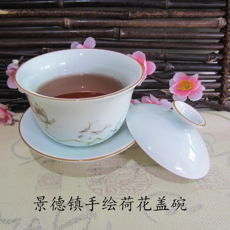 Gai Bowl hand-painted Lotus yuan treasure bowl Jingdezhen ceramic tea bowl individual cup boutique handmade three talent cover Bowl
