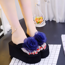 Slope heel female summer Fashion outside Korean version High heel herringbone slippers sweet and beautiful flowers beach shoes anti-slip thick bottom cold drag