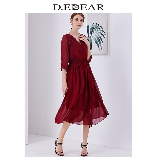 德菲蒂奥 D．F．DEAR 18年夏季新款 五分袖V领雪纺连衣裙 天猫优惠券折后￥209包邮（￥359-150）2色可选