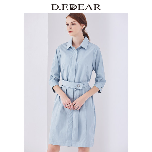 18年春季商场同款 D．F．DEAR 德菲蒂奥 纯色七分袖翻领连衣裙 天猫优惠券折后￥259包邮（￥359-100）