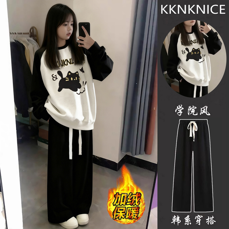 Girls' Sportswear Set, Round Neck Fleece Sweatshirt, Junior High School Student Jacket, Women's 2025 New Popular Autumn and Winter Pants