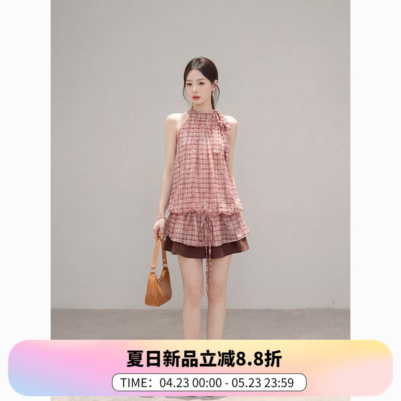 French-Style Gentle Halter-Neck Red Plaid Halter-Neck T-Shirt for Women, Summer Loose-Fitting Waist-Slimming Top with Ruffle Design