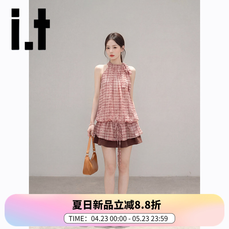 It:Chocoolate French-Style Gentle Halter-Neck Red Plaid Halter-Neck T-Shirt for Women, Summer Waist-Cinching Ruffle Top