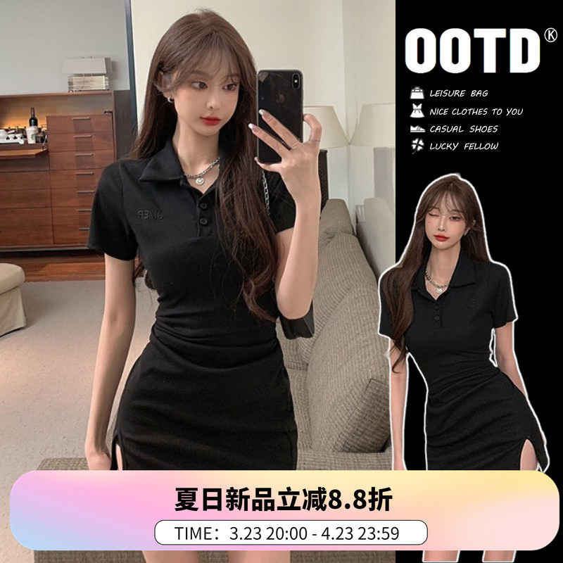 2026 New Summer Women's Fashion Pure Desire Style Spicy Little Black Dress with Unique Design and Niche Polo Bodycon Dress