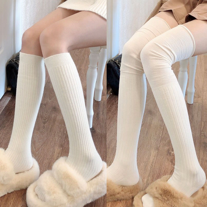 Spring and Autumn Hot Girl Off-White Calf Socks for Women, Slimming and Warm White Long Socks, Gray Over-The-Knee Socks, Slouchy Mid-Calf Socks