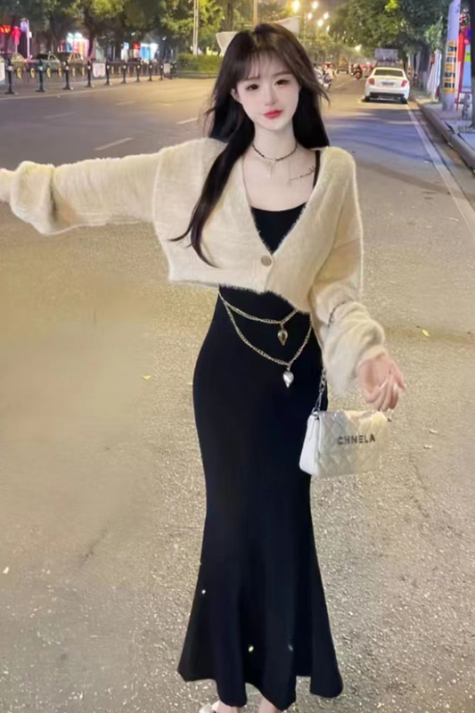 Autumn Short Long-Sleeved Faux Mink Knit Sweater Cardigan + Slim-Fitting Long-Sleeved Bodycon Fishtail Skirt Two-Piece Set