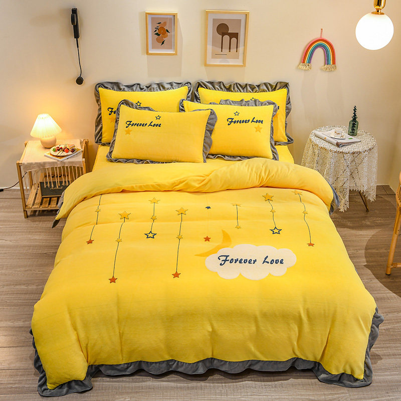 Winter milk fleece four-piece set thick coral velvet sheets double sided fleece duvet cover warm crystal velvet bed three-piece set