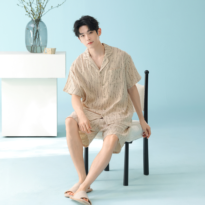 Men's Pajamas, Large Size, Summer, Class a Pure Cotton, Plus-Size, Baby Cotton, Double-Layer Gauze, Home Wear, Retro, 150kg Extra-Large Two-Piece Set