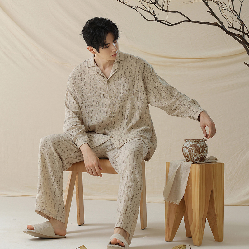 Plus-Size Men's Pajamas for Spring and Autumn, Pure Cotton Double-Layer Baby Yarn, 150kg Extra-Large Set, All-Cotton Turn-Down Collar, Loose-Fitting Loungewear