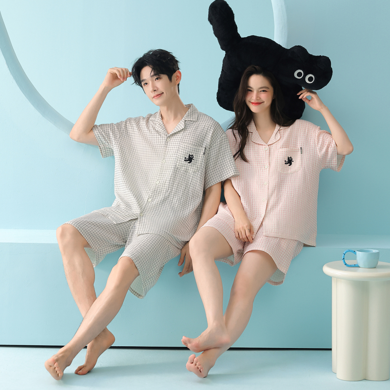 Plus-Size Couple Pajamas, Summer Pure Cotton Double-Layer Gauze Plaid Fresh Style 150kg Set Cardigan for Chubby Women, Extra-Large Loungewear