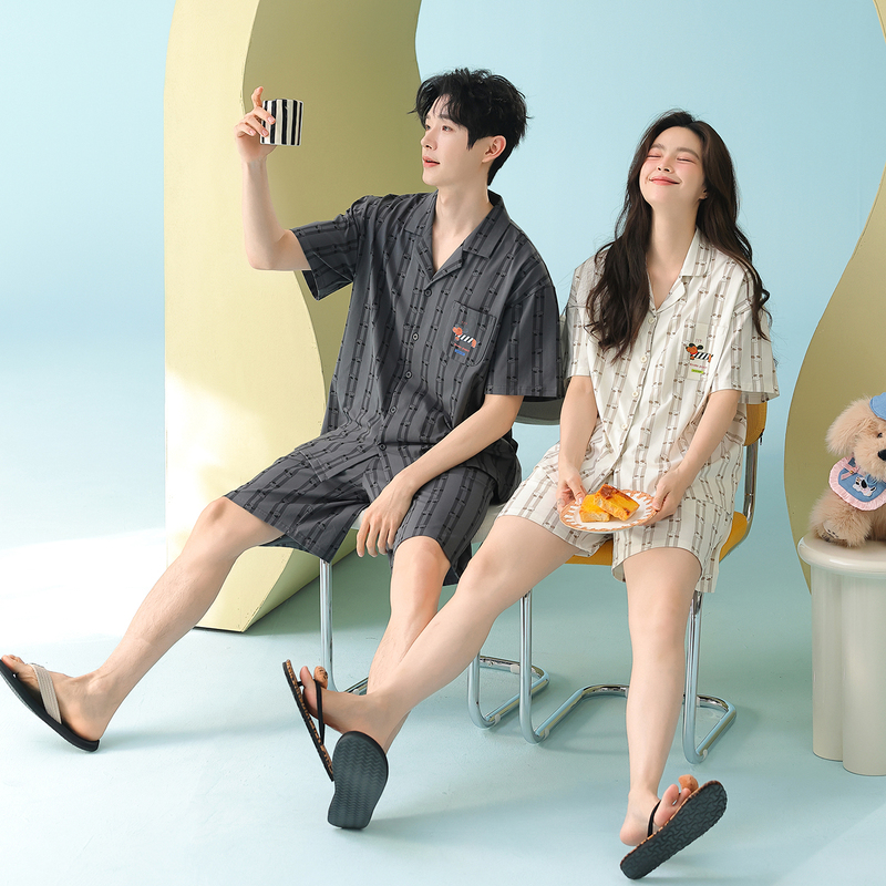 Couple's Plus-Size Pajamas Summer Pure Cotton 150kg Cartoon Puppy Fat Gg Set Striped Simple 100kg Loungewear Couple's Plus-Size Pajamas Summer Pure Cotton 150kg Cartoon Puppy Fat Gg Set Striped Simple 100kg Loungewear