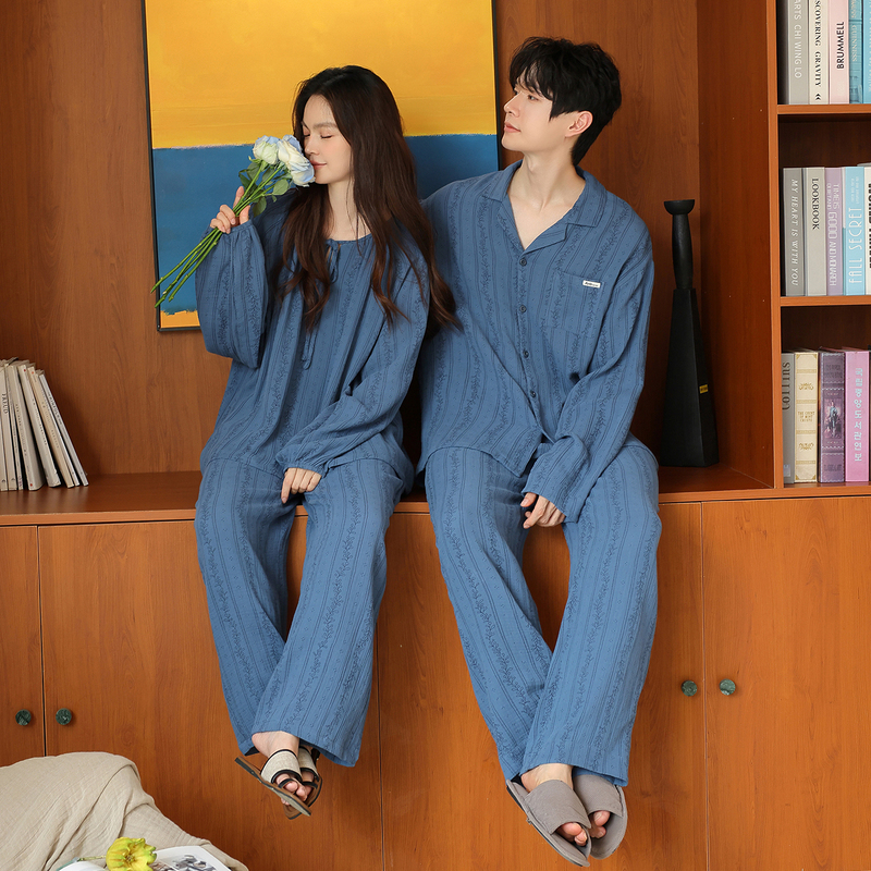 Couple's Pajamas, Large Size, Spring and Autumn, Pure Cotton, Double-Layer Gauze, 150kg Sets, for Plus-Size Men and Women, Vine Leaf Pattern Loungewear Couple's Pajamas, Large Size, Spring and Autumn, Pure Cotton, Double-Layer Gauze, 150kg Sets, for Plus-Size Men and Women, Vine Leaf Pattern Loungewear