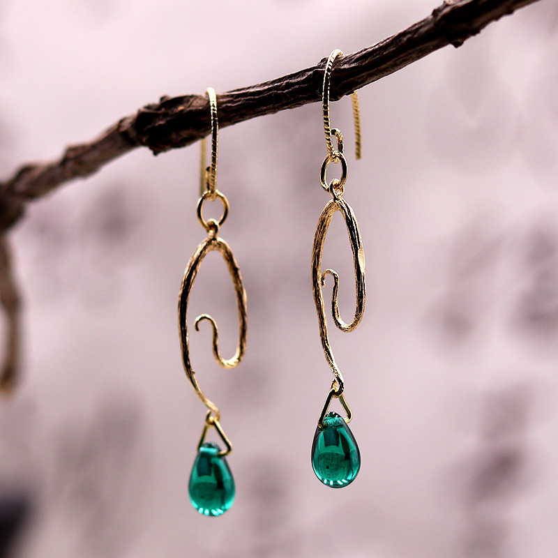 Simple geometric earrings all-match office workers earrings dark green water drop glass earrings Chinese style antique jewelry