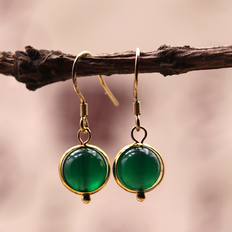 Extremely simple green agate earrings 925 silver ear hook hypoallergenic earrings Chinese style office worker life earrings earrings