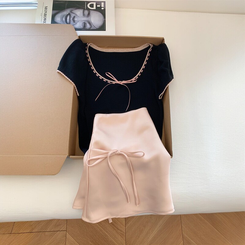 Korean Style Outfit, Unique and Beautiful Suit for Women, Summer Black and Pink Contrasting Color Knitted Top, Butterfly Pink Skirt Korean Style Outfit, Unique and Beautiful Suit for Women, Summer Black and Pink Contrasting Color Knitted Top, Butterfly Pink Skirt