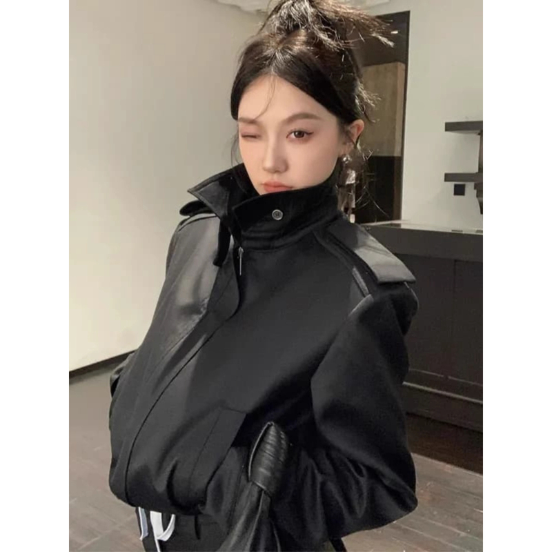 Retro Fashionable Stand-Up Collar Black Wide-Shoulder Jacket for Women 2025 New Autum Style Casual Short Jacket for Small People